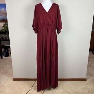 ANRABESS Maxi‎ Dress XL Maroon Sheer Lined Slit Dolman 3/4 Sleeve Elastic Waist